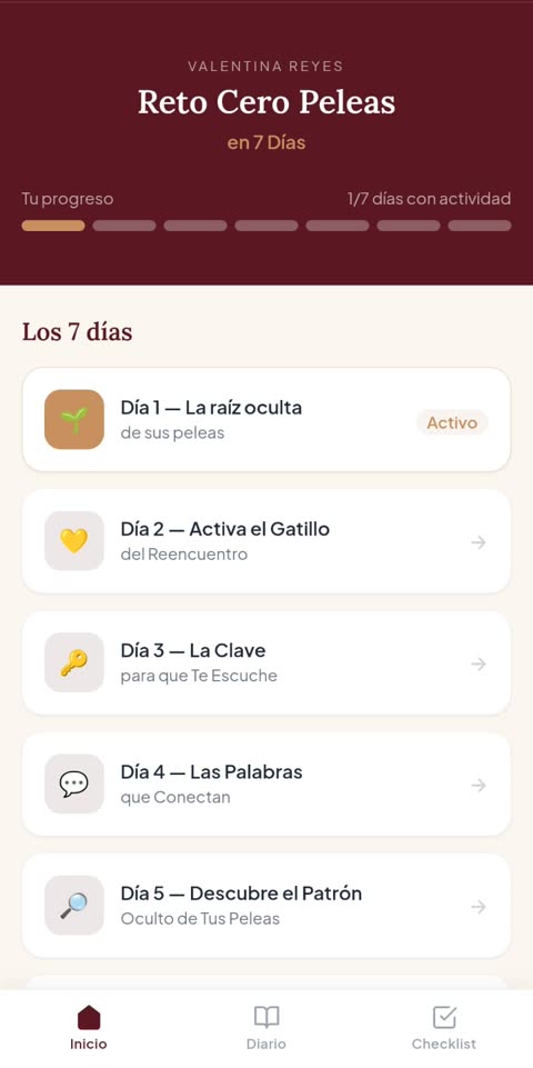 Pantalla de inicio con los 7 días del reto