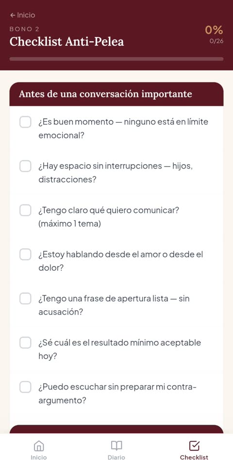 Checklist Anti-Pelea dentro de la app